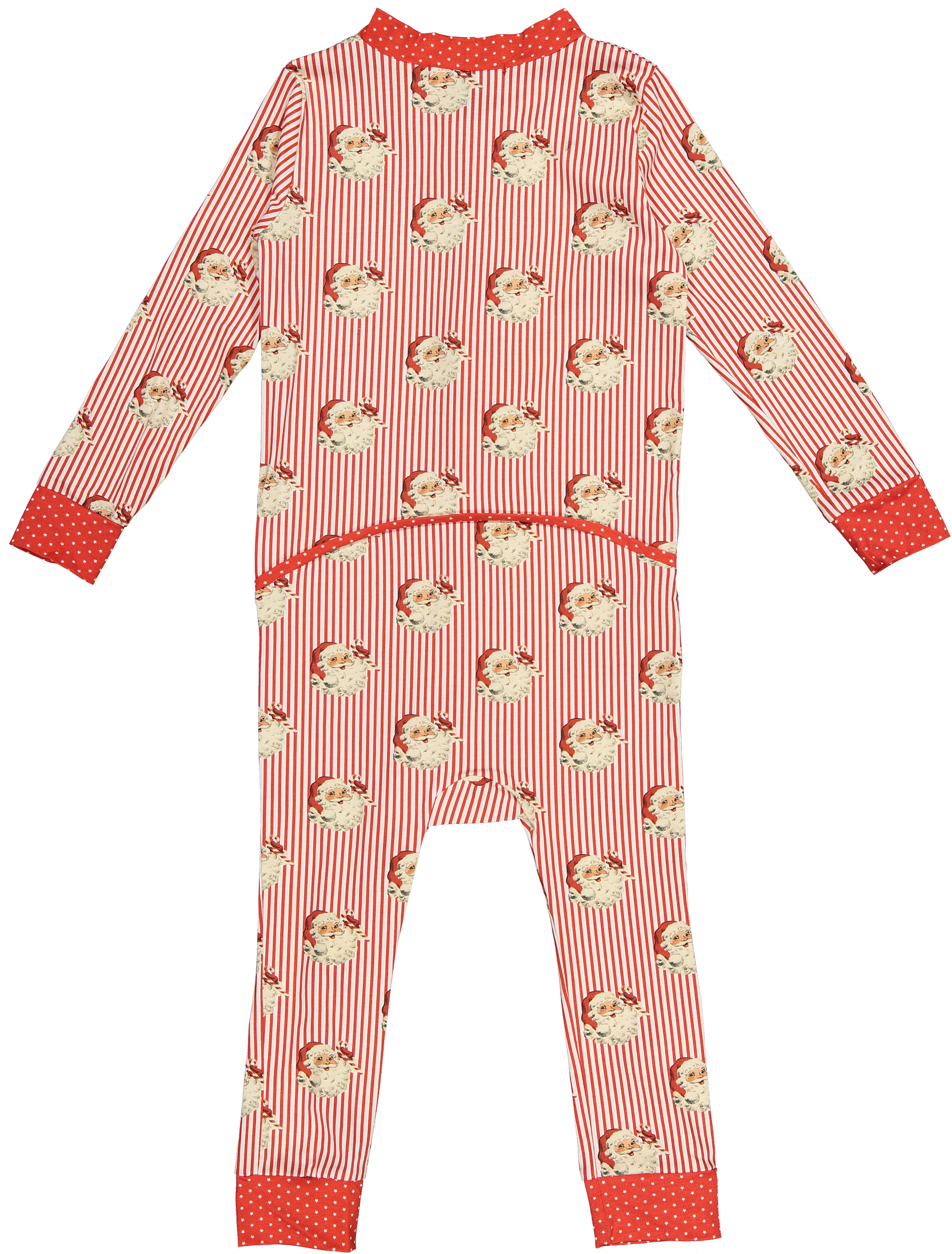 Red and white striped Classic Santa pajamas by Sal & Pimenta with red polka dot trim and zipper enclosure.