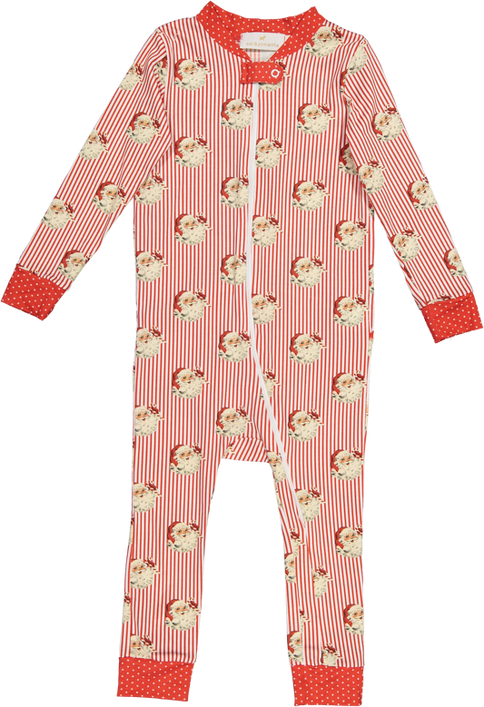 Red and white striped Classic Santa pajamas by Sal & Pimenta with red polka dot trim and zipper enclosure. 