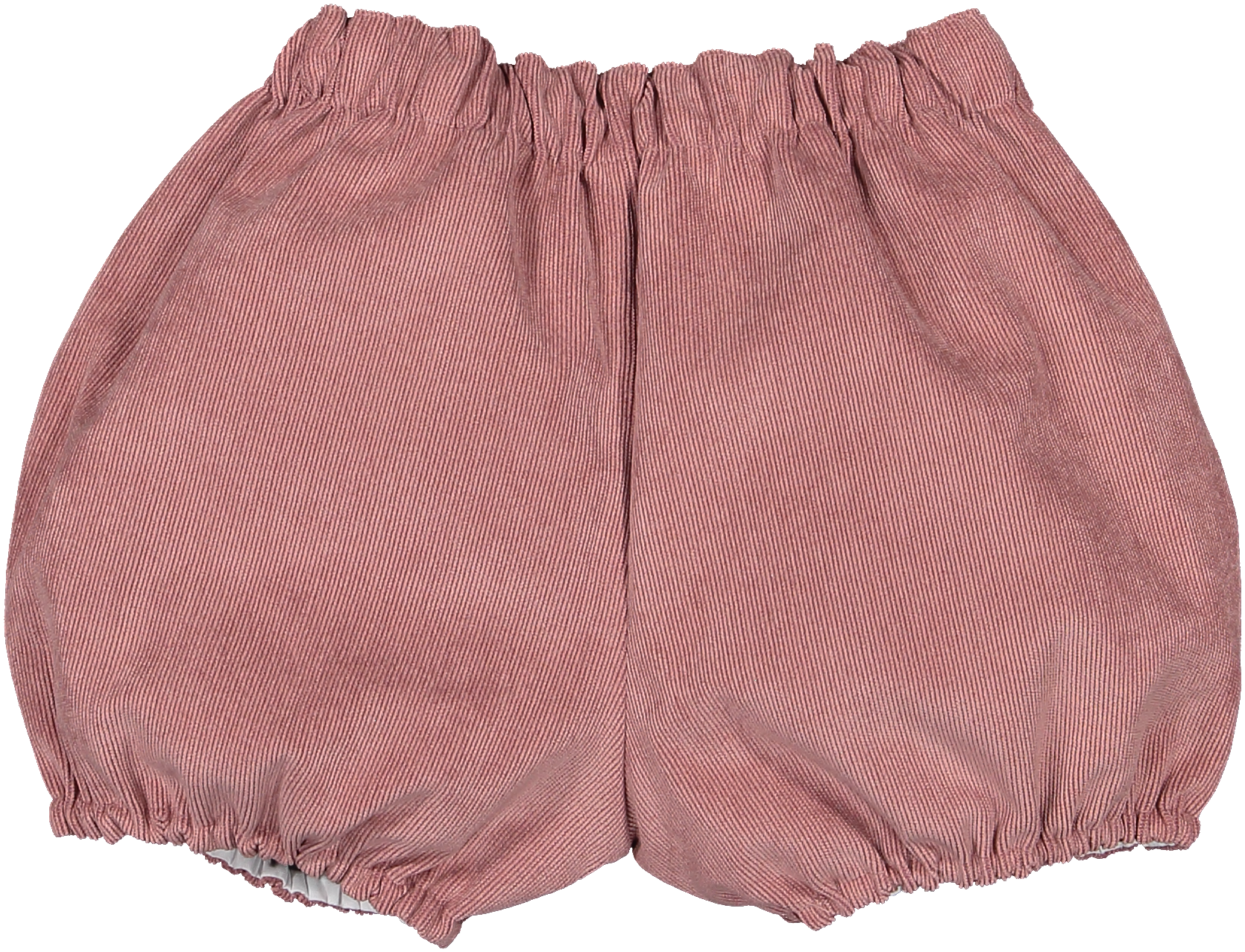 Mauve corduroy girls bubble shorts with button enclosure and gathered banding on legs by Sal & Pimenta.