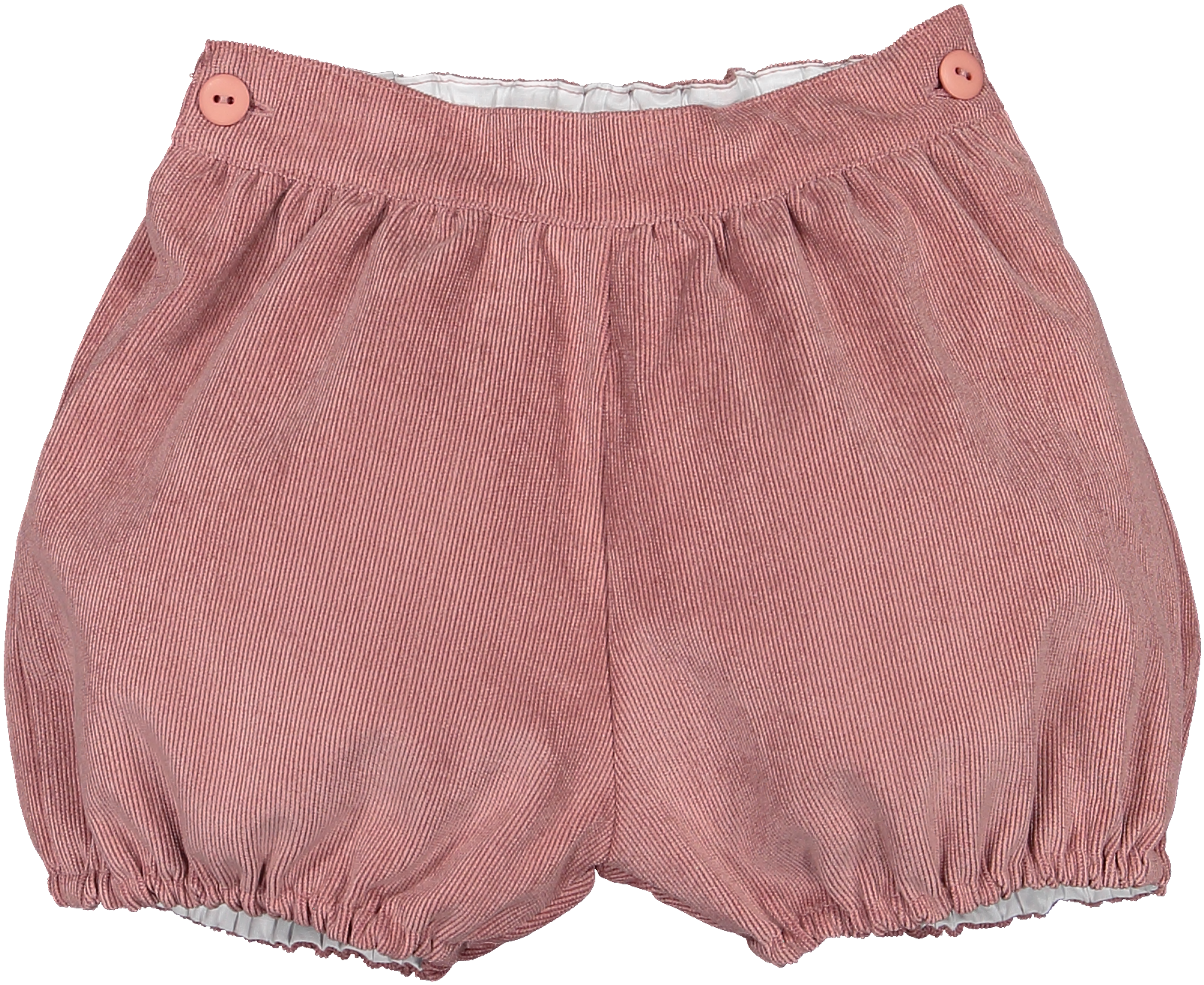 Mauve corduroy girls bubble shorts with button enclosure and gathered banding on legs by Sal & Pimenta. 