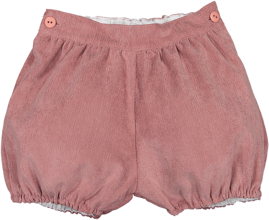 Mauve corduroy girls bubble shorts with button enclosure and gathered banding on legs by Sal & Pimenta. 
