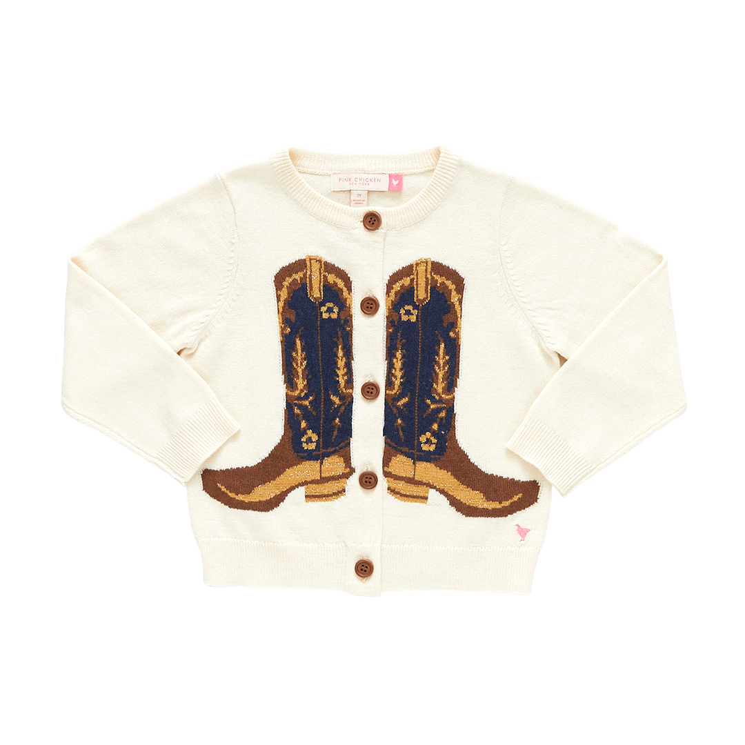 Cowboy boot sweater with brown buttons up the front by Pink Chicken. 