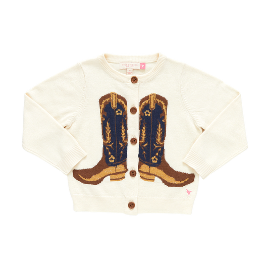 Cowboy boot sweater with brown buttons up the front by Pink Chicken. 