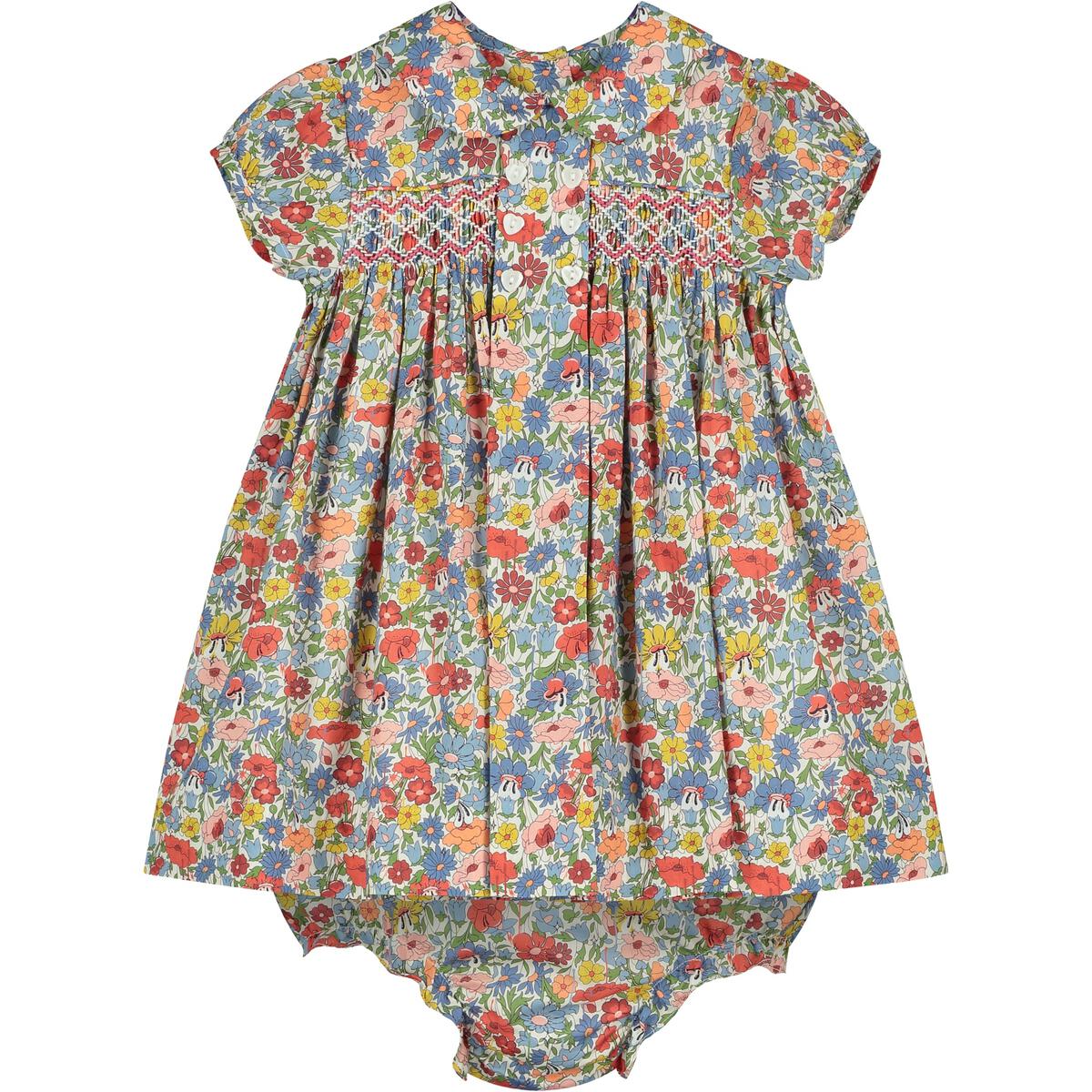 Eris Smocked Liberty Print Dress in a rich fall floral pattern with heart button accents. 