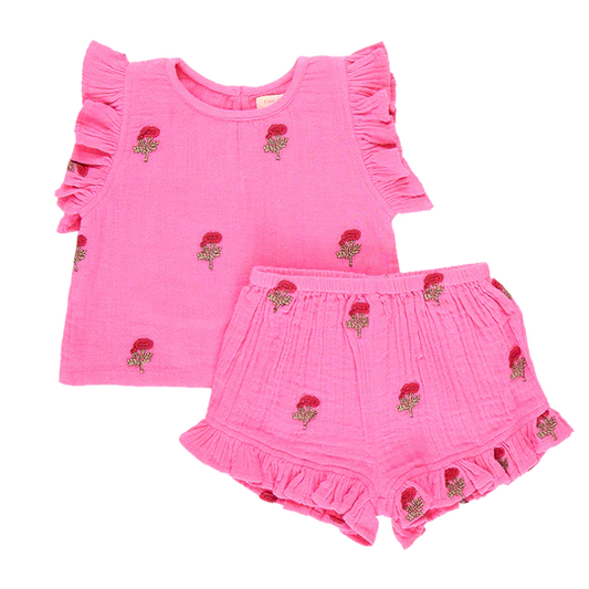 Girls pink 2 piece set with embroidered flowers by Pink Chicken. 