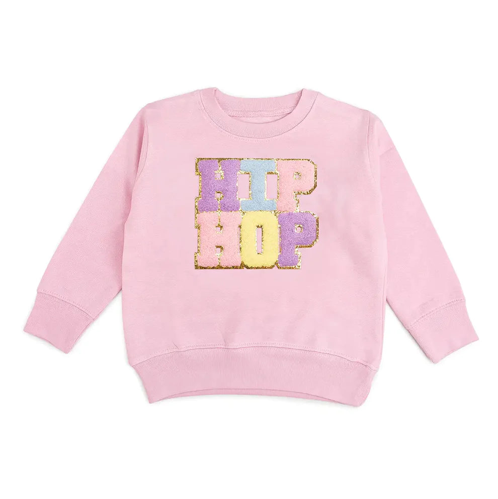 PInk Easter sweatshirt with rainbow HIP HOP varsity letters with gold glitter outline by Sweet Wink.