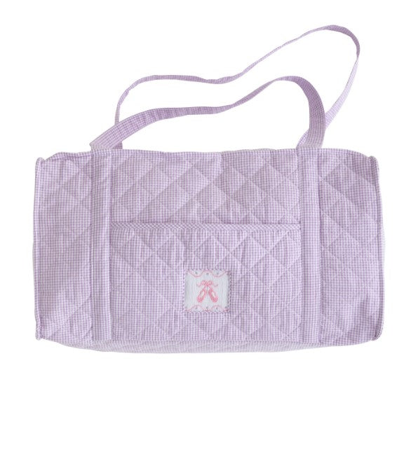 Purple gingham girls duffle bag with pink ballet slippers by Little English. 