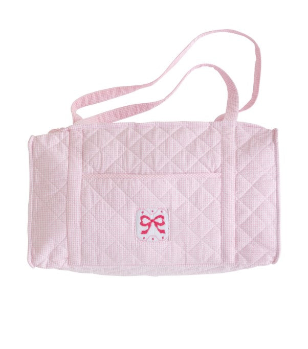 Pink gingham duffle bag with smocked pink bow by Little English.