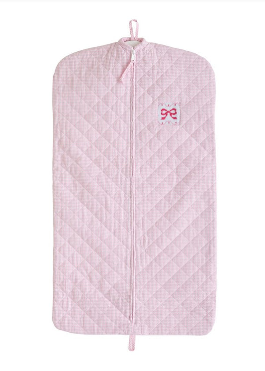 Girls pink gingham garment bag with hand smocked pink bow by Little English.