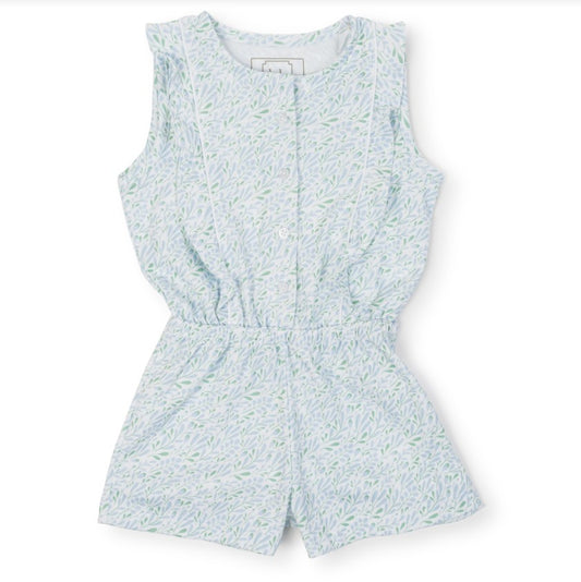 Whimsical floral grey and green romper for girls by Lila + Hayes. 