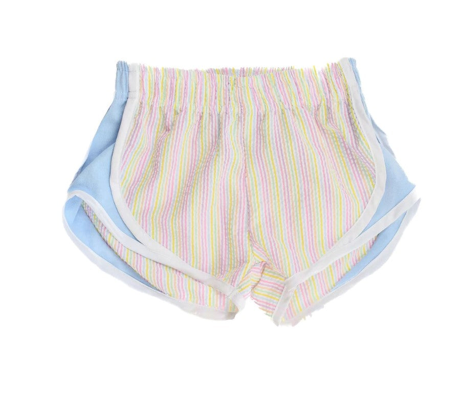 Multi stripe pastel and blue girls active shorts. 