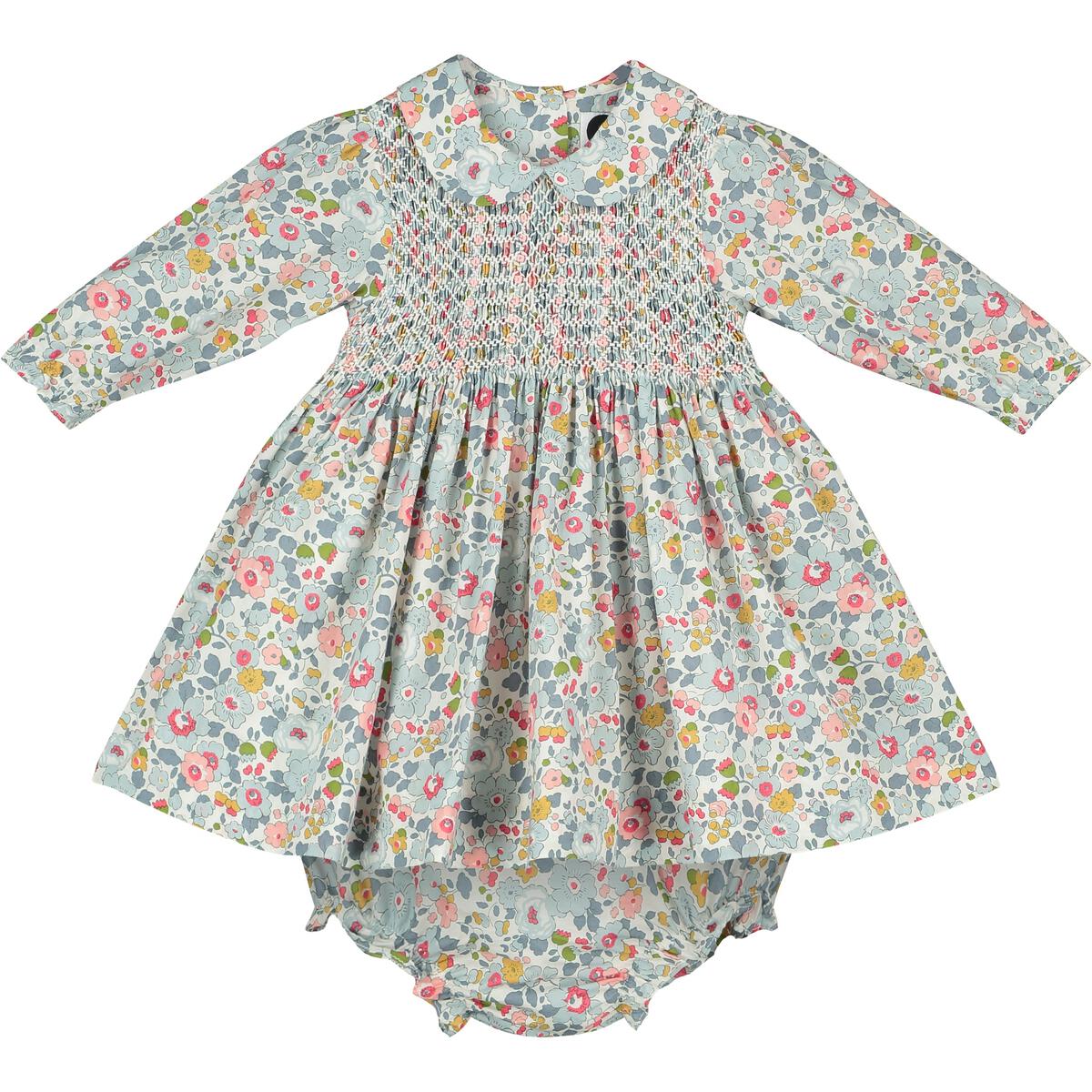 Long sleeved Liberty floral print smocked baby dress. with bloomers. 