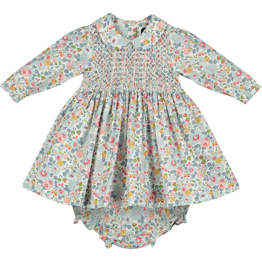 Long sleeved Liberty floral print smocked baby dress. with bloomers. 