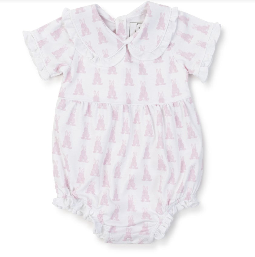 Pink bunny ruffle collar bubble by Lila and Hayes. 