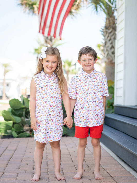 Girls Independence Day dress by BlueQuail with hotdog and fireworks print. 
