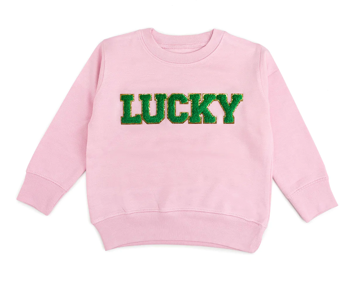 Pink sweatshirt with green and gold LUCKY patch letters by Sweet Wink. 