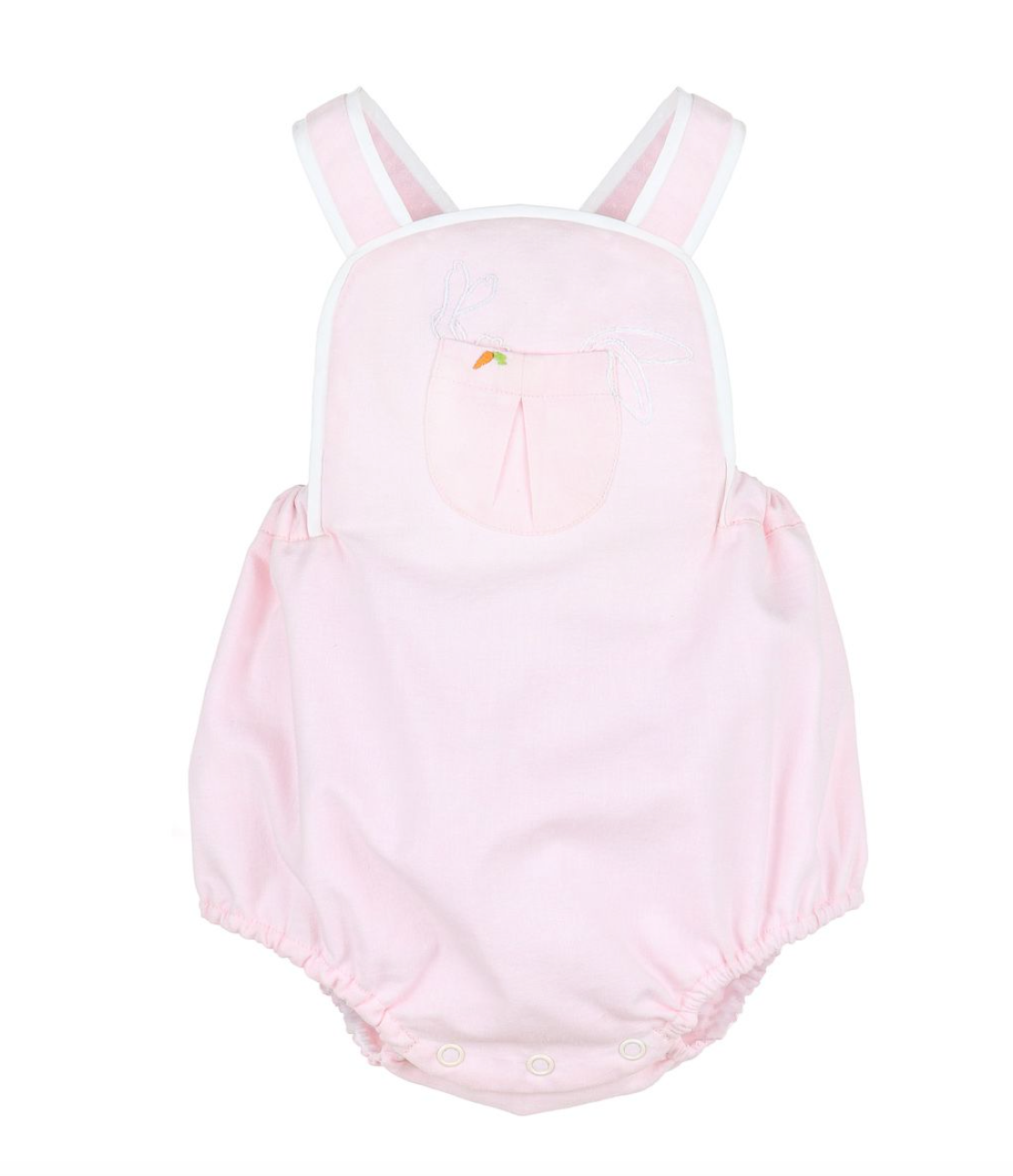 Pink sun suit by Sophie and Lucas with an embroidered bunny and carrot. This is the perfect girls Easter outfit. 