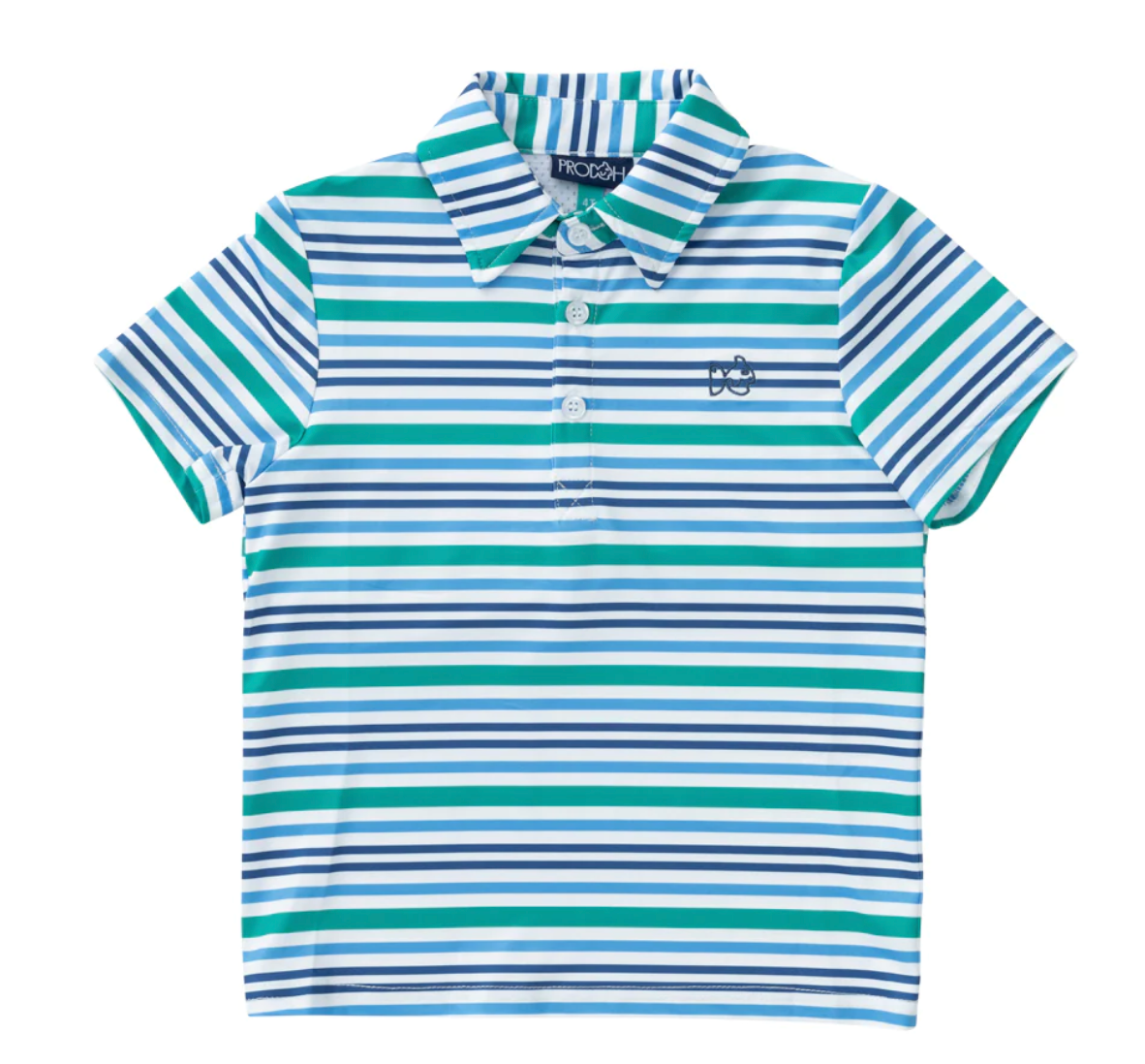 Pro Performance Polo by Prodoh in a green and blue stripe pattern for boys. 