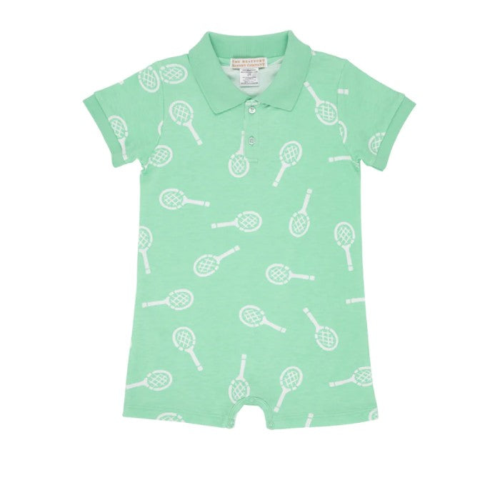 Green toddler boys romper with tennis print by The Beaufort Bonnet Company. 