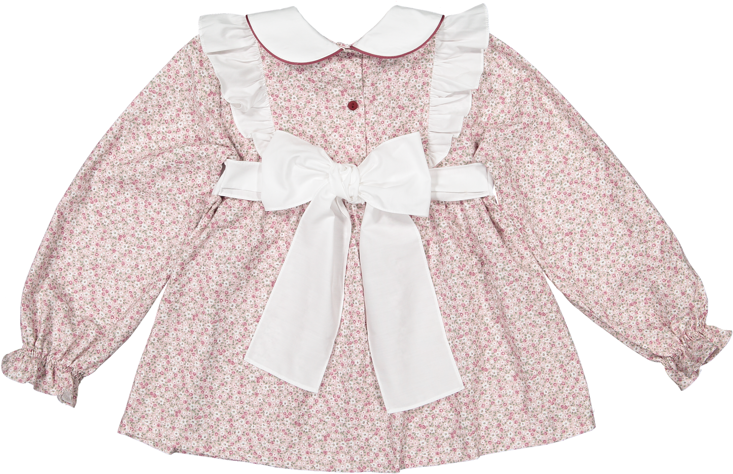 Raspberry girls top with a mauve floral print and maroon piping around the peter pan collar with a white bow on the back of the blouse by Sal & Pimenta. 