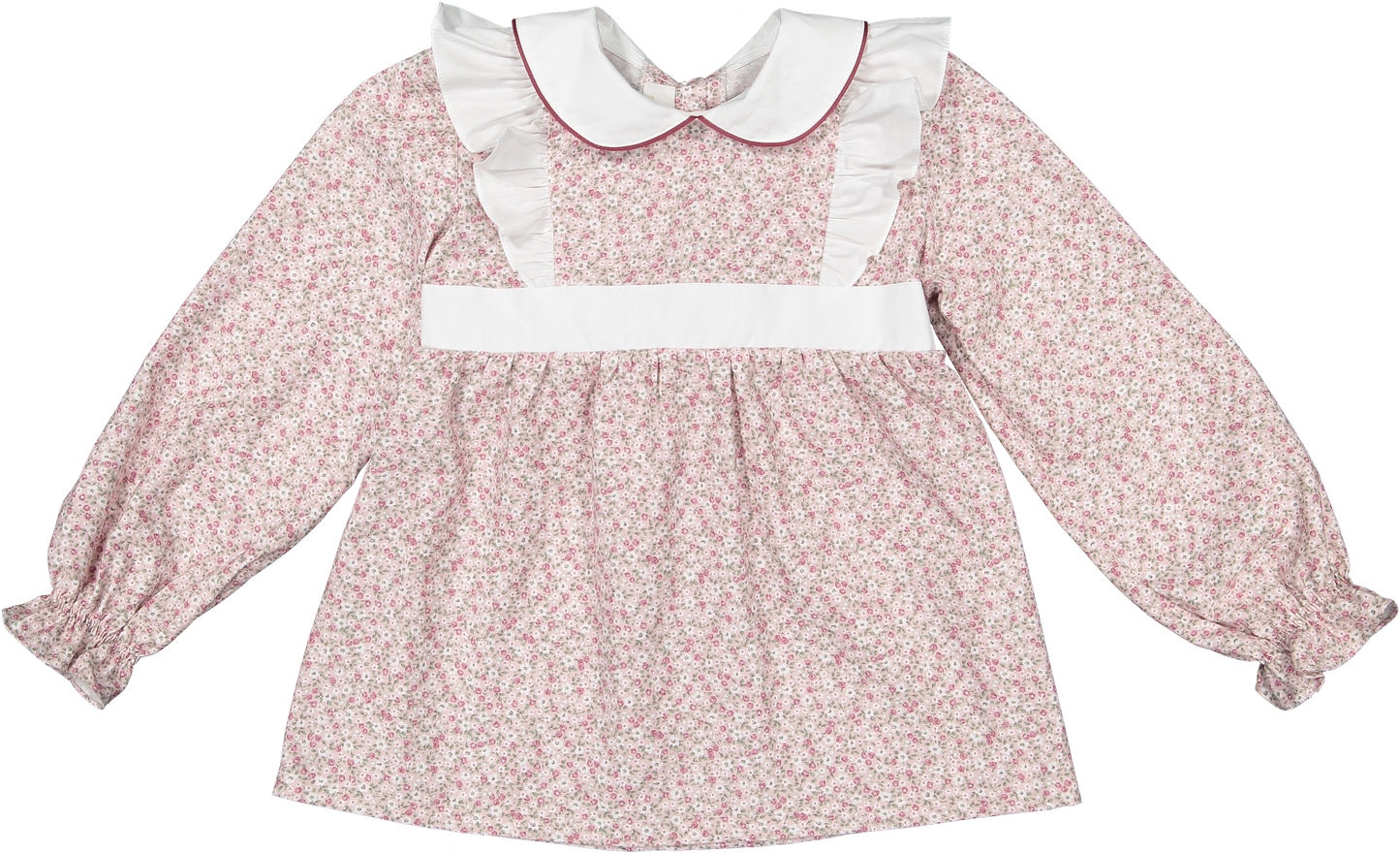 Raspberry girls top with a mauve floral print and maroon piping around the peter pan collar with a white bow on the back of the blouse by Sal & Pimenta. 