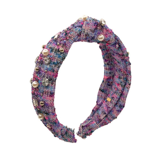 Tweed Jeweled Knot Headband - Purple