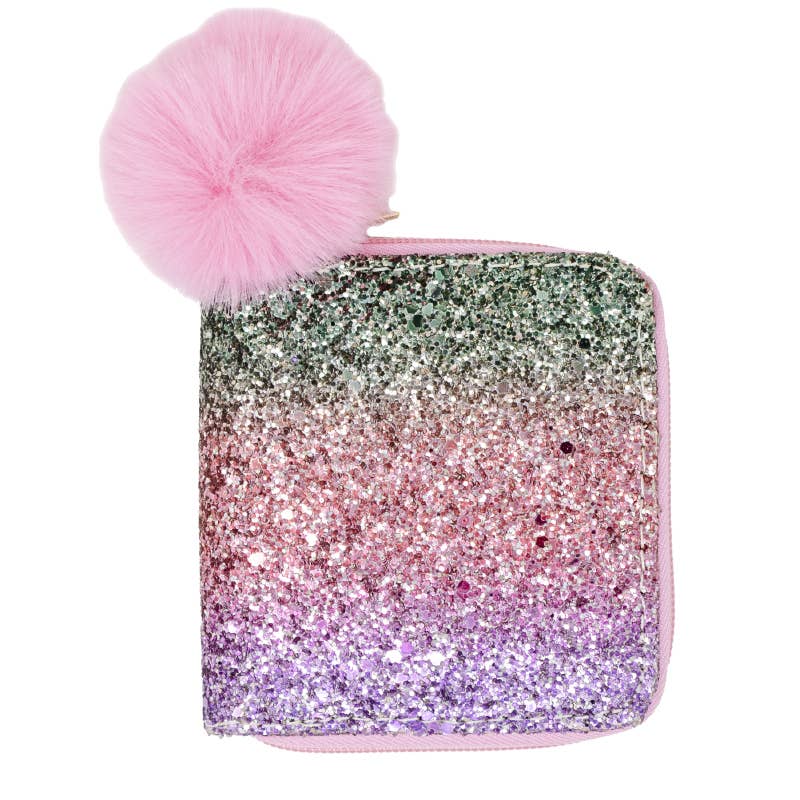 Rainbow glitter girls wallet with a pink pompom. 