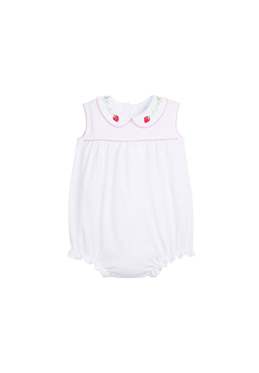Pink dot bubble with an embroidered strawberry  on the collar by Little English. 